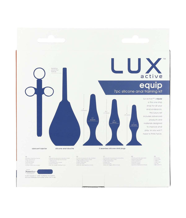 Packshot of The Lux Active Equip 7 Piece Silicone Anal Training Kit showing the back packaging.