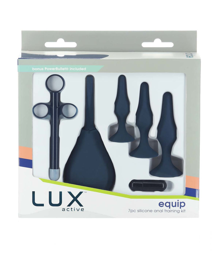 Packshot of The Lux Active Equip 7 Piece Silicone Anal Training Kit showing the front packaging.